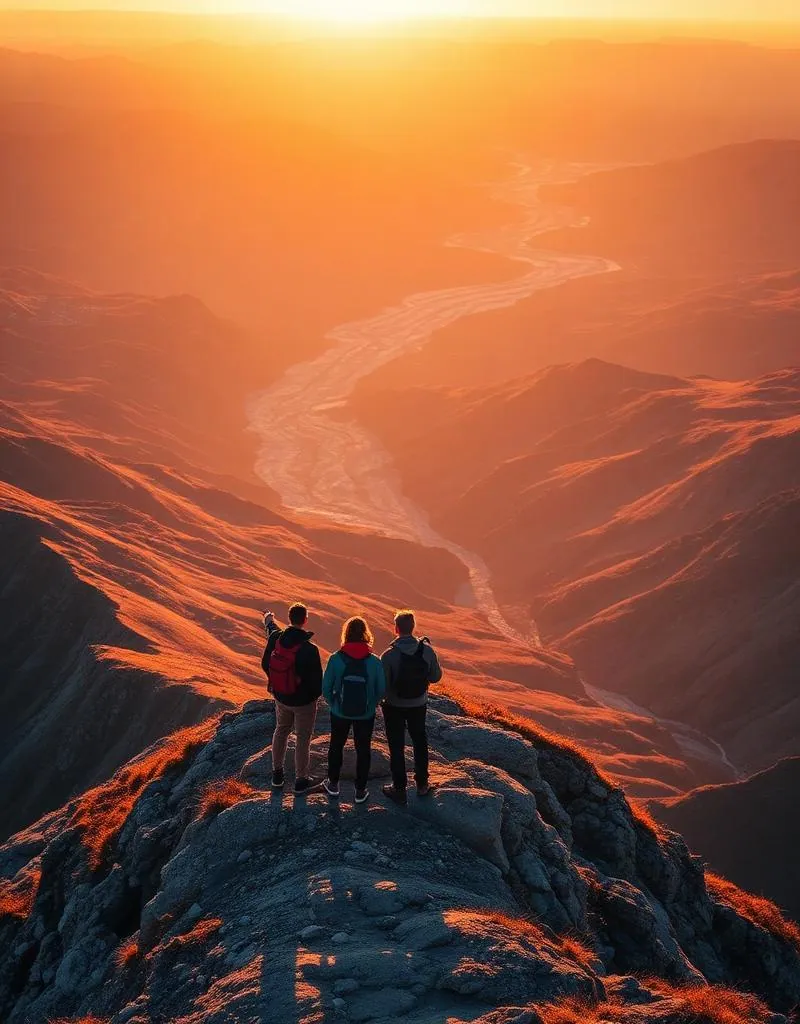 Três caminhantes com mochilas no cimo de um cume, sobre um vale de montanha ao pôr do sol