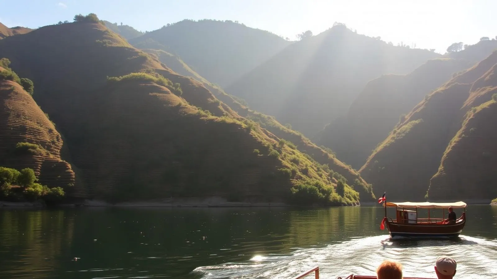 Barco tradicional rabelo no rio Douro entre socalcos de vinha