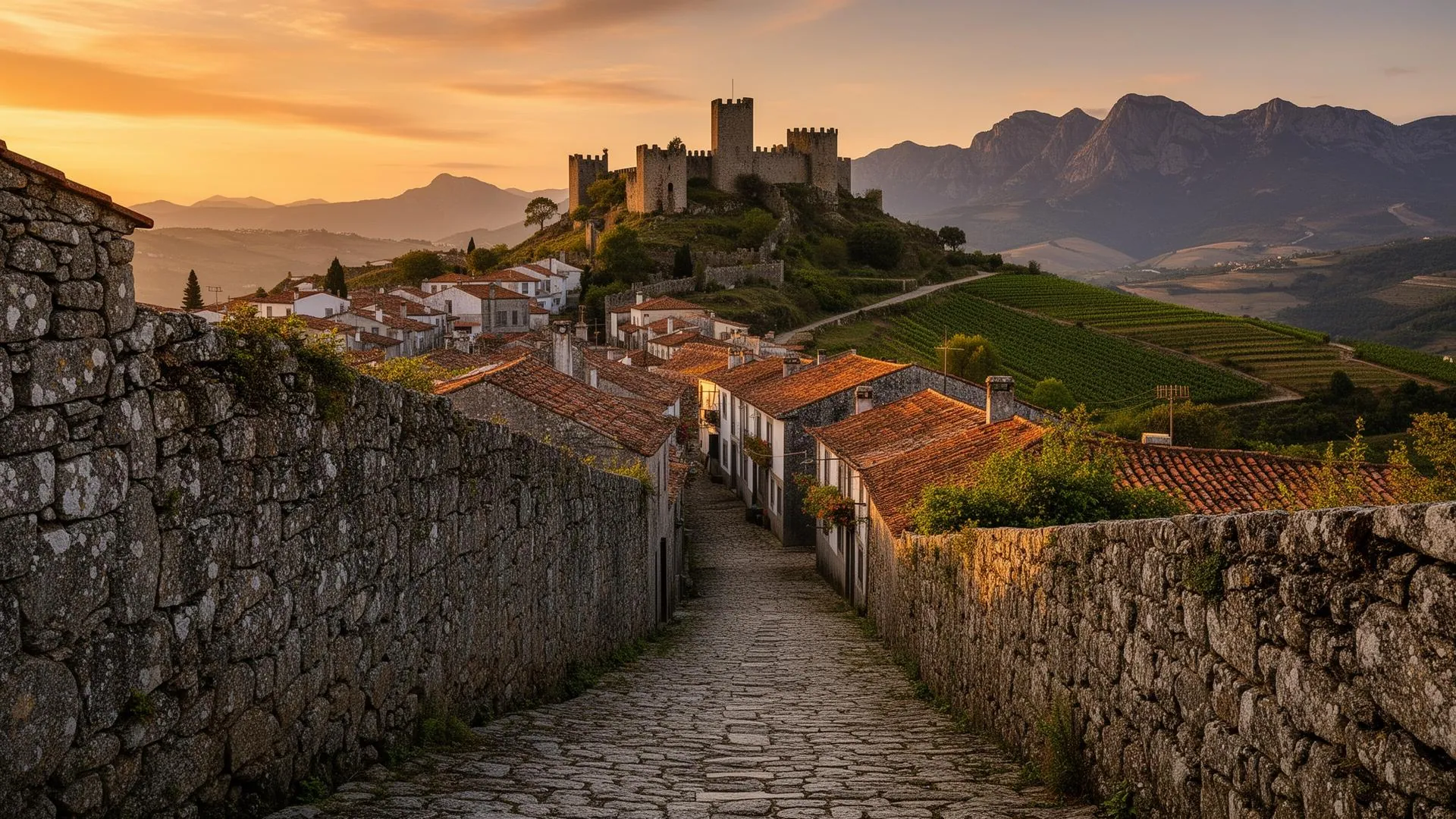 Aldeia histórica medieval da Beira Interior ao pôr do sol