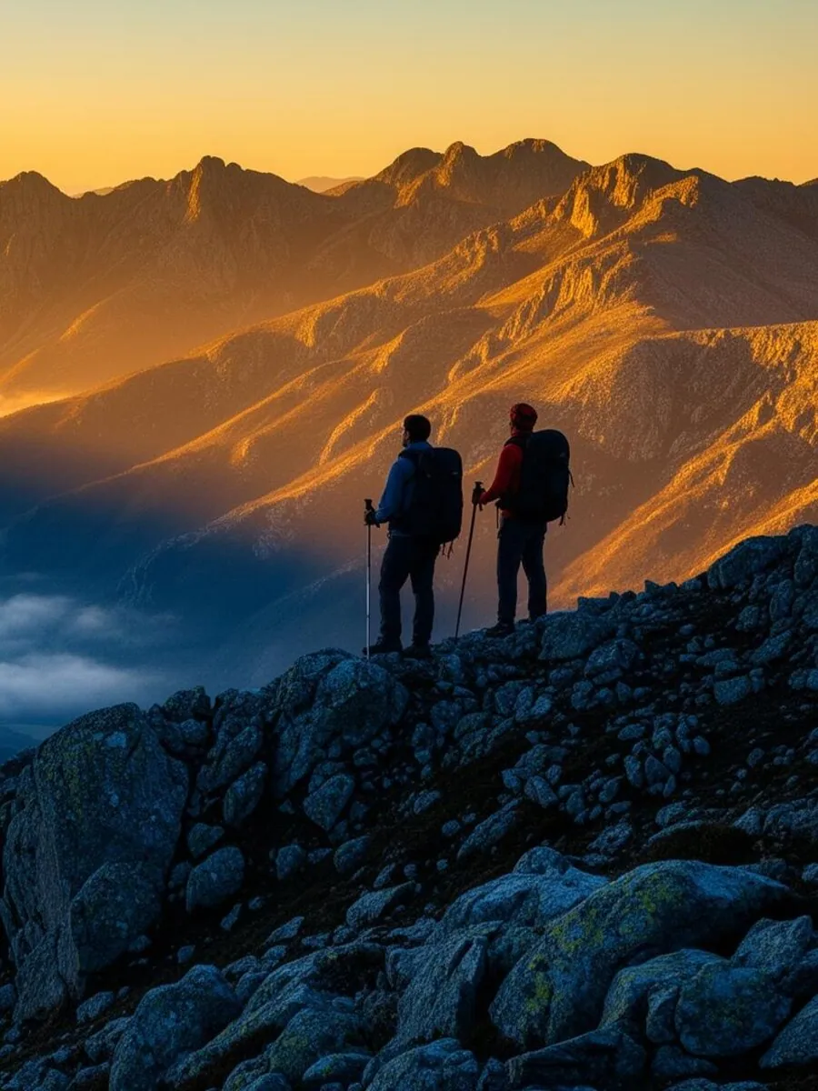 Caminhantes ao pôr do sol na Serra da Estrela com mar de nuvens dourado