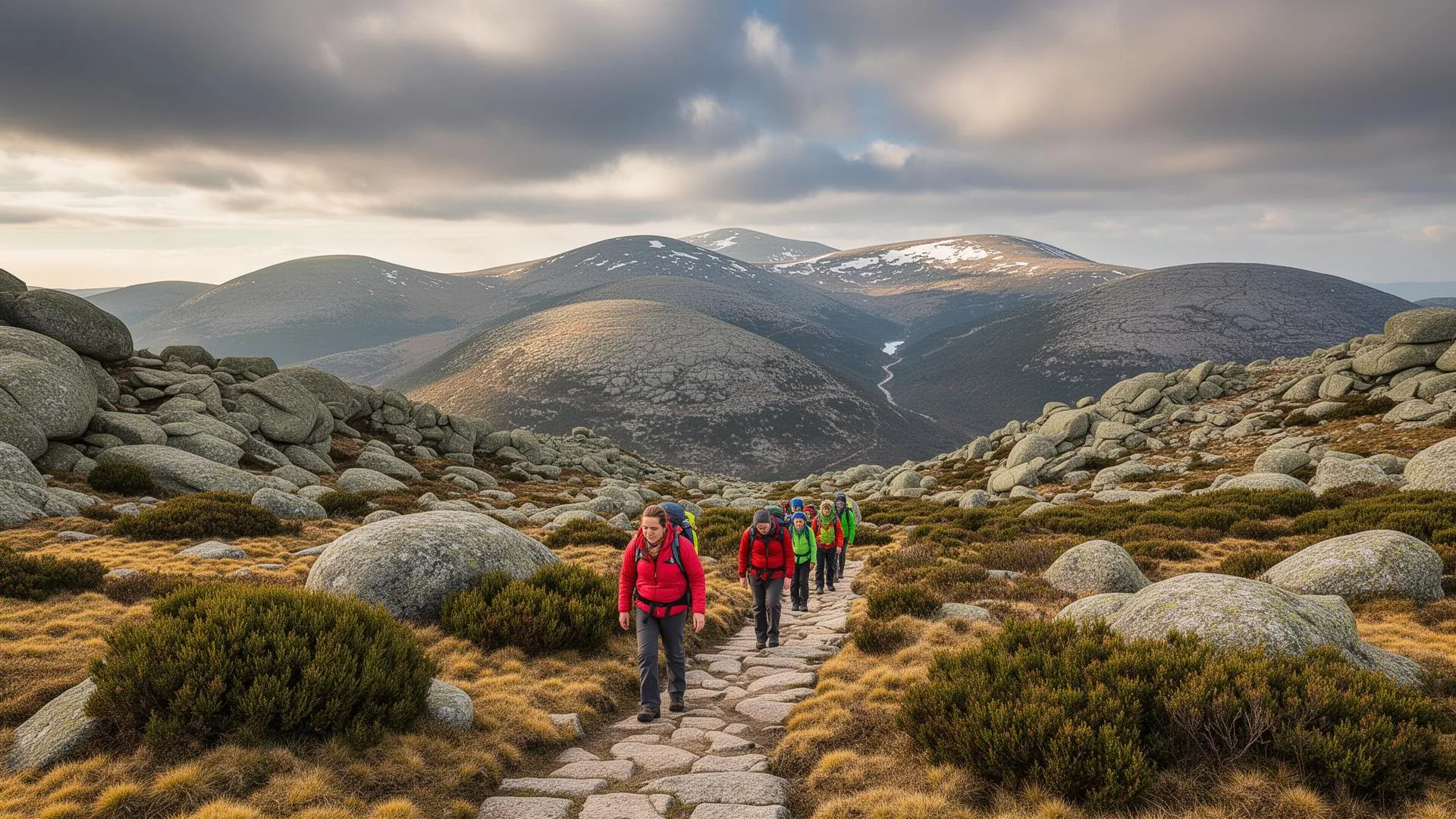 Grupo a fazer trekking num trilho da Serra da Estrela