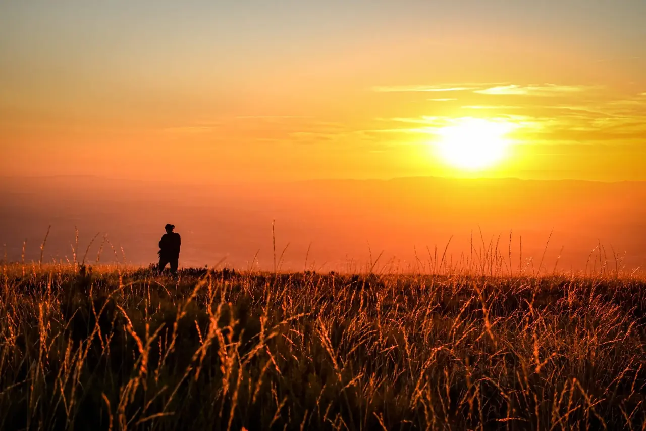 Low sun over the Serra da Estrela plateau, with a person in the distance among golden grass