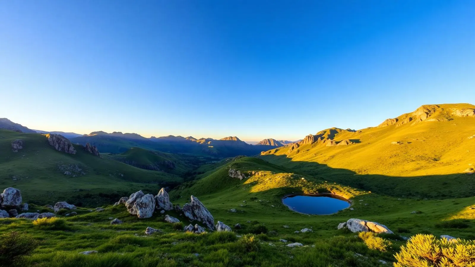 Paisagem de verão na Serra da Estrela com vales verdes e céu azul
